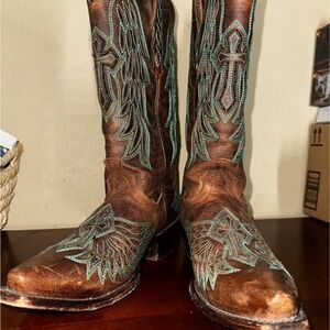 Brown and Green Embroidered Heeled Boots